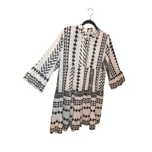 Silk & Salt Women Midi Dress M White Black Geometric Tribal Artsy Boho Babydoll